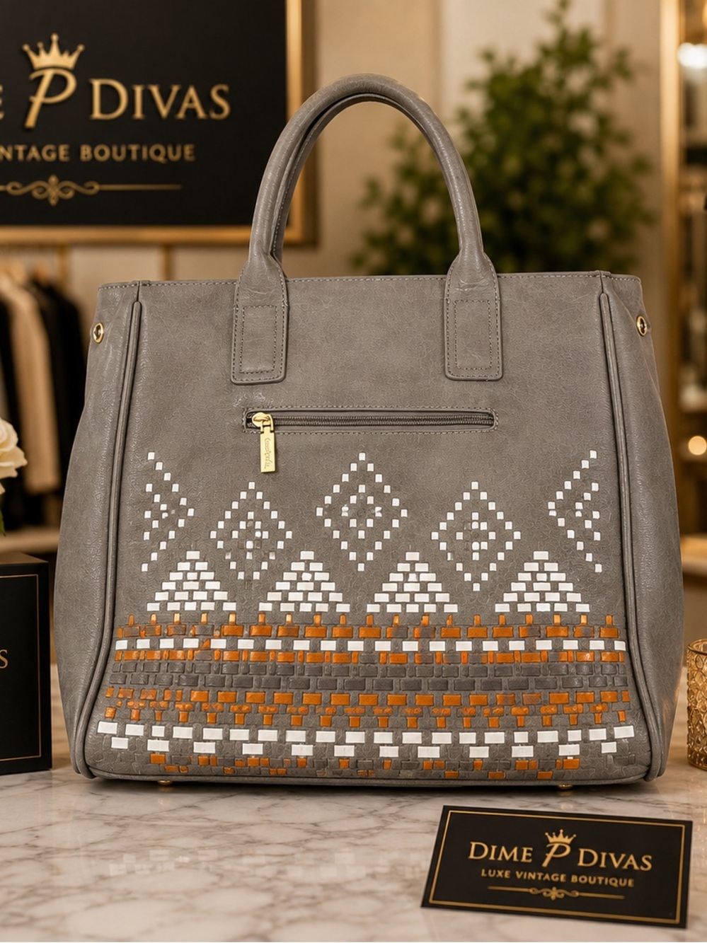 Pink Haley Gray Tote with White and Orange Embroidered Pattern